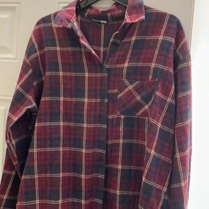 Fashion Nova Red and Blue Notched Collar Button Down Top